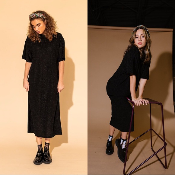 SOLD | Dressed in Lala Casual Luxe Midi Dress in Black Disco Sparkle Boxy S - Picture 2 of 16